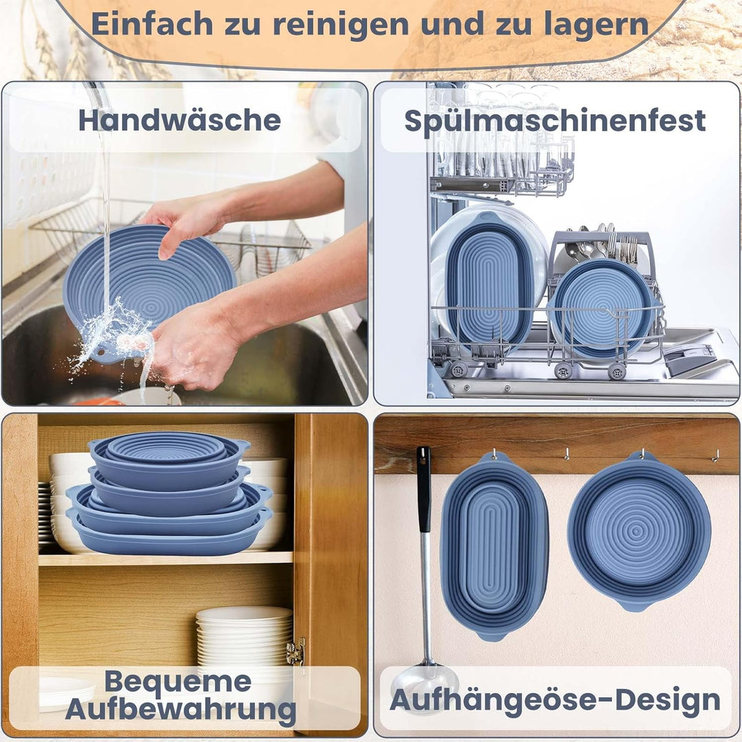 Silikon Gärkörbchen für Brot, 28 cm Gärkorb Oval und 25 cm Gärkorb Brot Rund, Faltbarer, Verbesserte