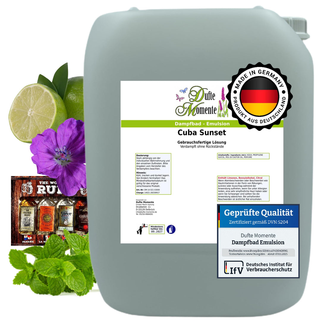 Dufte Momente Dampfbad-Emulsion 10 Liter Cuba Sunset | gebrauchsfertig | Mit Geranium, Mojito & Rum