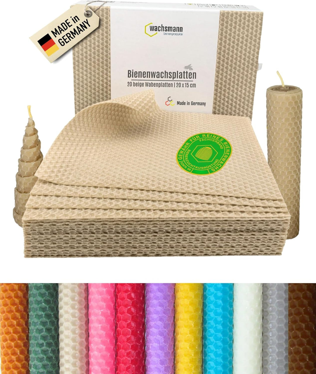 Wachsmann 20 Bienenwachsplatten aus Deutschland, beige, Wachsplatten 20 x 15 cm, Bienenwachs Kerzen