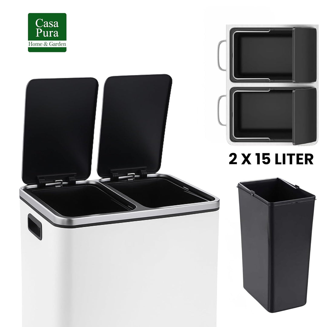 casa pura Floordirekt Mülleimer Küche 2×15L Weiss | 2-Fach Mülltrennsystem, Treteimer Küche, Metall,