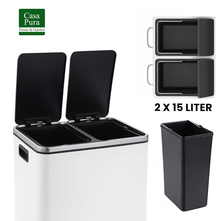 casa pura Floordirekt Mülleimer Küche 2×15L Weiss | 2-Fach Mülltrennsystem, Treteimer Küche, Metall,