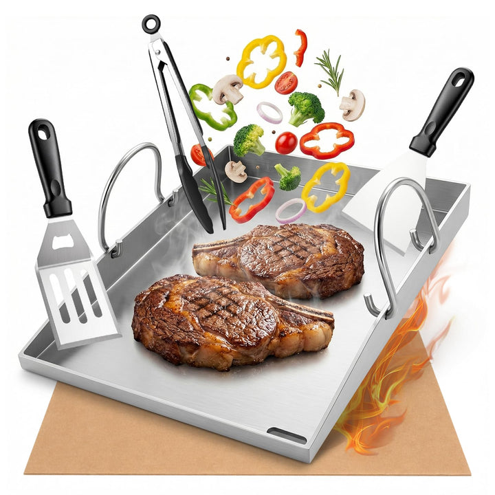 Premium Plancha Grillplatte 40×30 cm – 4 mm Edelstahl, inkl. 3 Grillwerkzeuge &amp; 30 Fettabsorptionspa