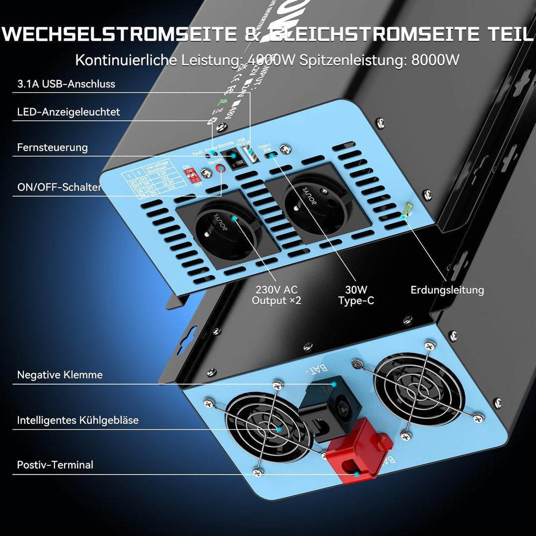 OLTEANP 4000W Wechselrichter Reiner Sinus 24V auf 230V KFZ Spannungswandler mit LCD-Bildschirm-Fernb