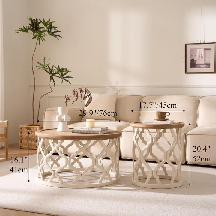 Couchtisch Rund 2er Set, Couchtisch Rund Holz mit Durchbrochenen Tischbeinen, Modern Farmhouse Ø76x4