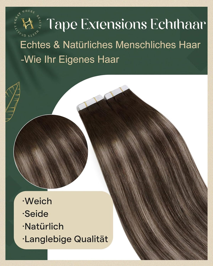 Ugeat Tape Echthaar Extensions Dunkelbraun Balayage Invisible Tape Extensions Echthaar Aschblond Omb