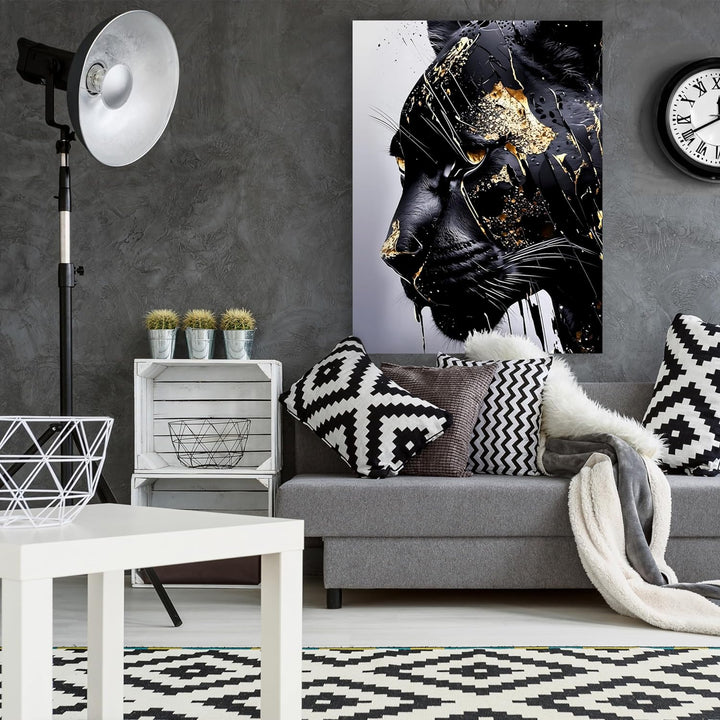 wandmotiv24 Leinwandbild Fantasy, 80x60cm, Hochformat, Panther, Gold, Deko, Bilder auf Leinwand, Wan