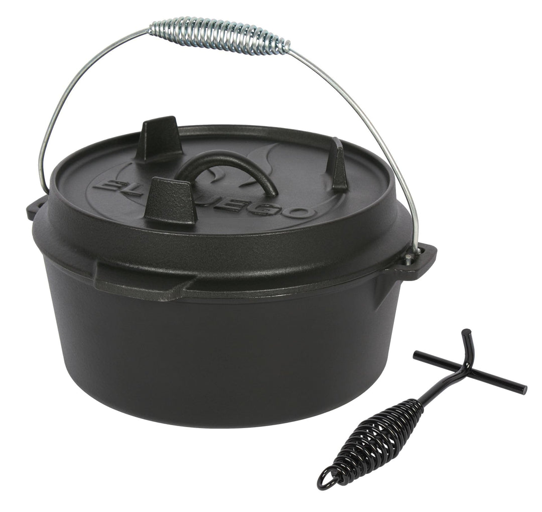 Dutch Oven 4,5 Liter von El Fuego®, 100% Gusseisen, inkl. Schürhaken und Tragebügel, Camping & Outdo