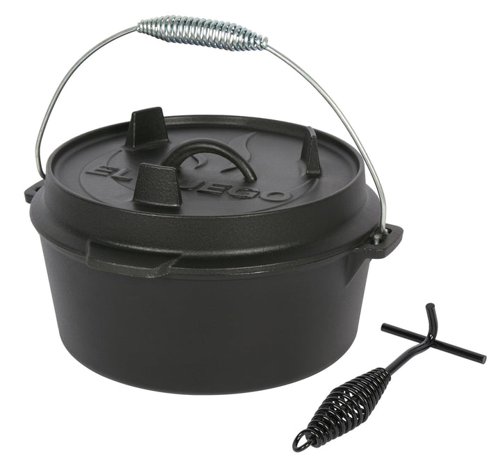 Dutch Oven 4,5 Liter von El Fuego®, 100% Gusseisen, inkl. Schürhaken und Tragebügel, Camping & Outdo