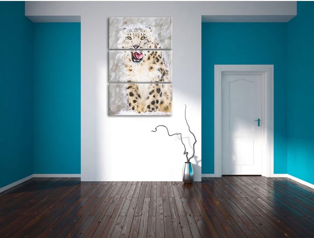 Pixxprint Leopard im Schnee Kunst Pinsel Effekt 3-Teiler Leinwandbild 120x80 Bild auf Leinwand