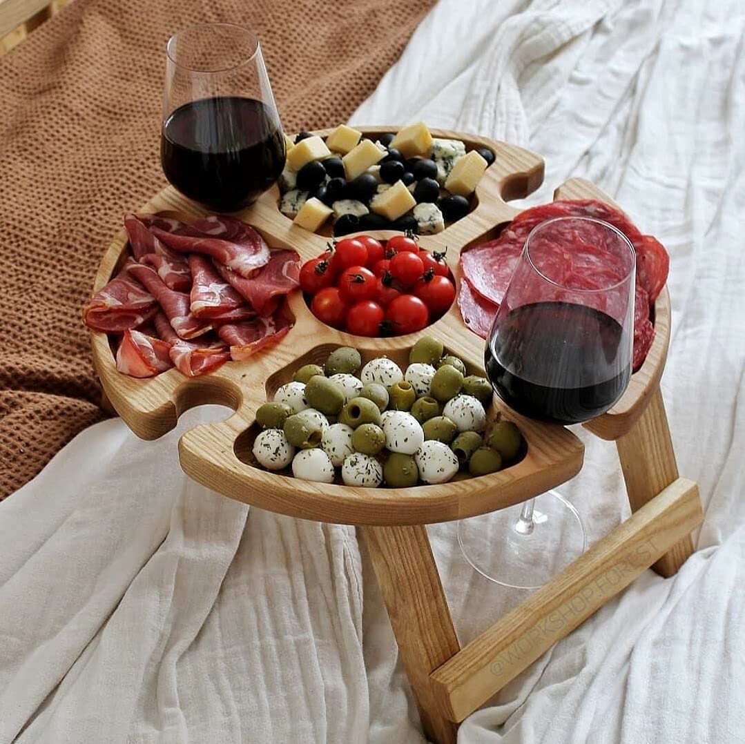 ZYLLZY Zusammenklappbarer Picknicktisch aus Holz für den Aussenbereich mit Rotweinglashalter, tragba