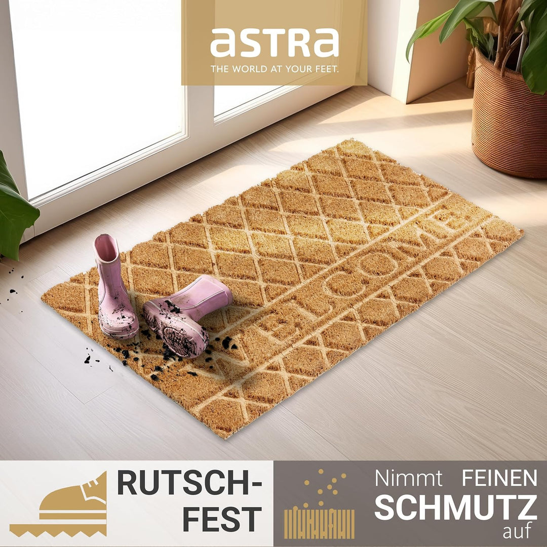 Astra Moderne Fussmatte Haustür - Kokosmatte 45x75cm Welcome Natur - rutschfeste Schmutzfangmatte ro