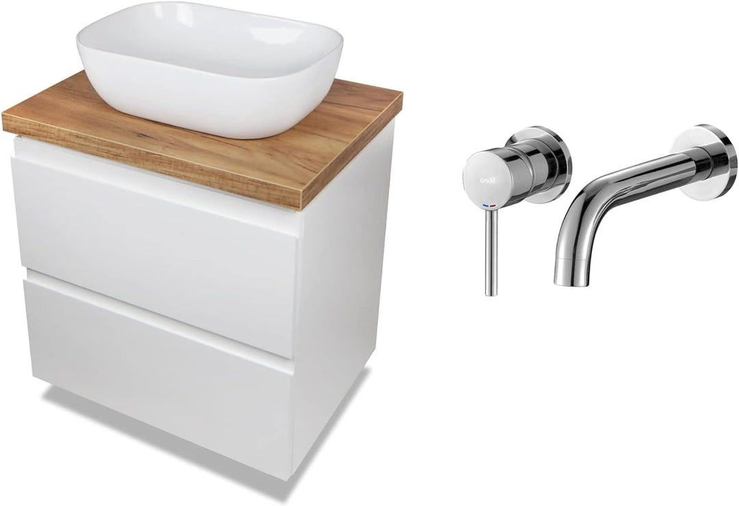 VBChome Badmöbel 60 cm Weiss Aufsatzwaschbecken mit Armatur 60x42 cm Aufsatzwaschtisch mit Waschbeck