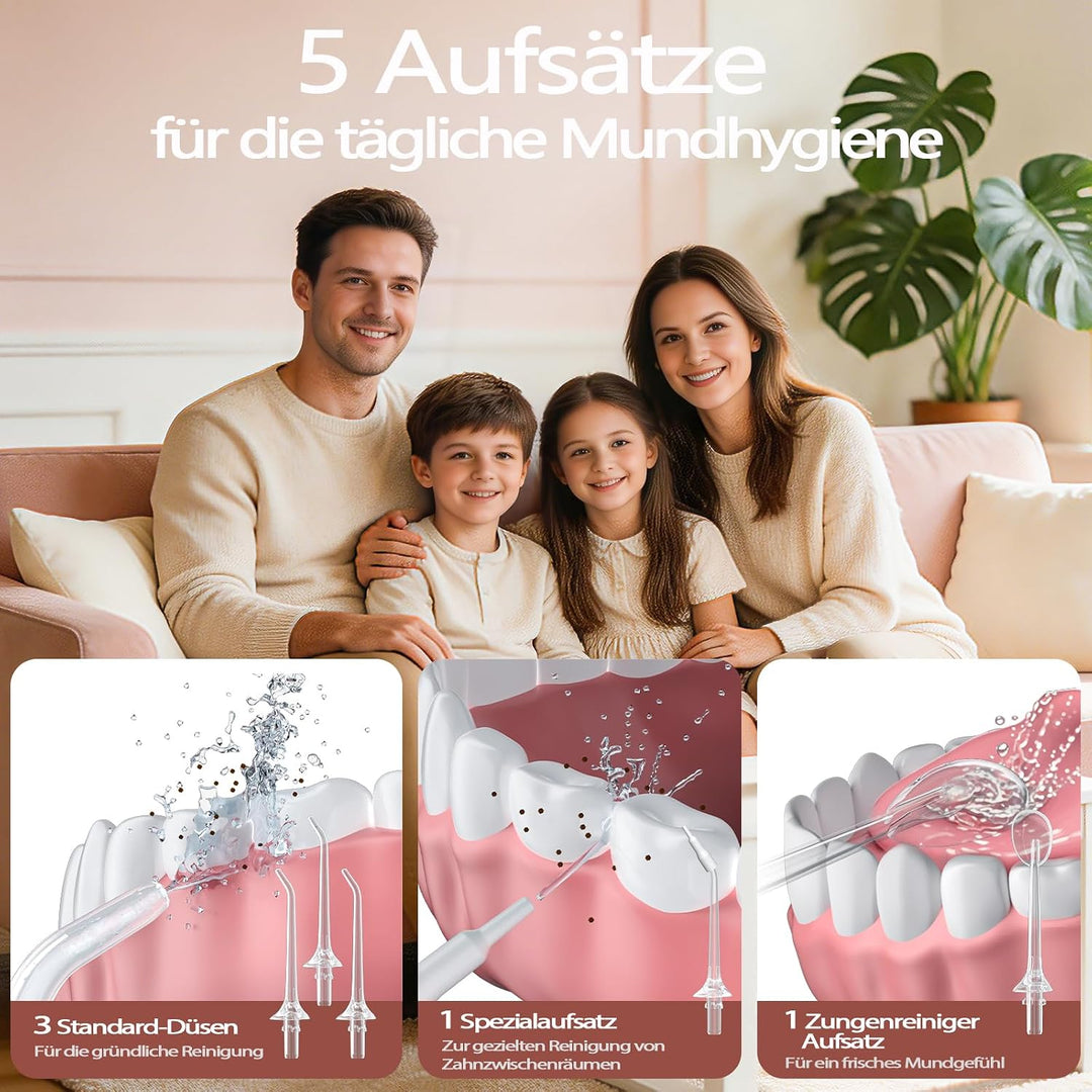 OasiSmile Kabellose Elektrische Munddusche, 4 Modi DIY Druck &amp; 5 Düsen,Rosa | Munddusche Testsieger