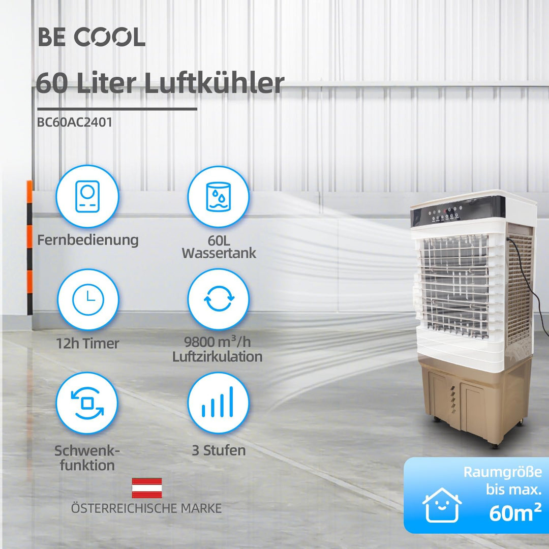 BE COOL 4in1 Luftkühler mit Wasserkühlung - Verdunstungskühler, Ventilator, Luftbefeuchter, Luftwäsc
