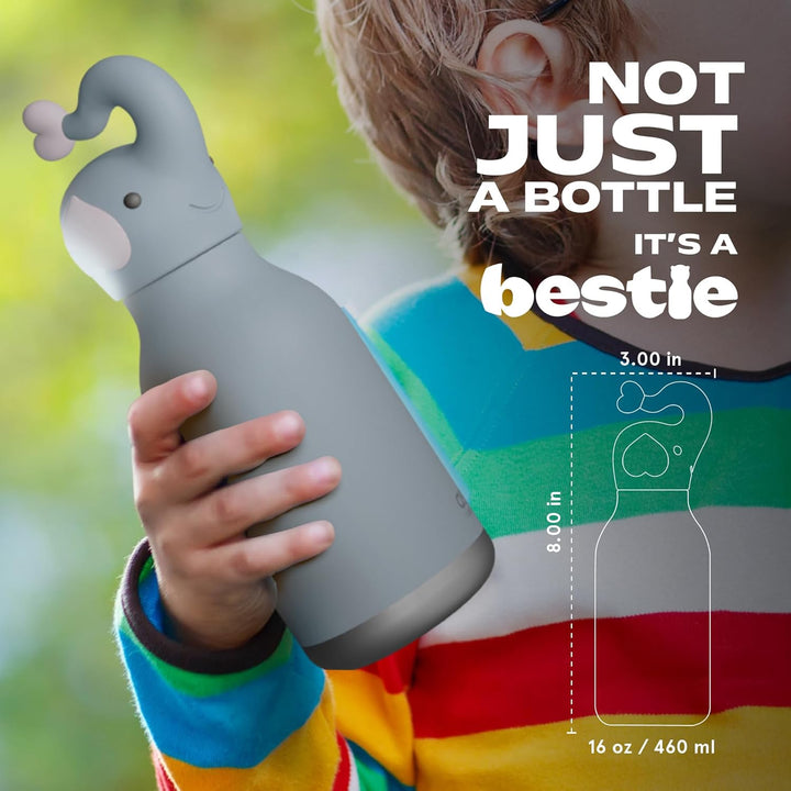 ASOBU Bestie Kindertrinkflasche mit Strohhalm – Isolierte Edelstahlflasche 420ml mit Elefantenkopf –