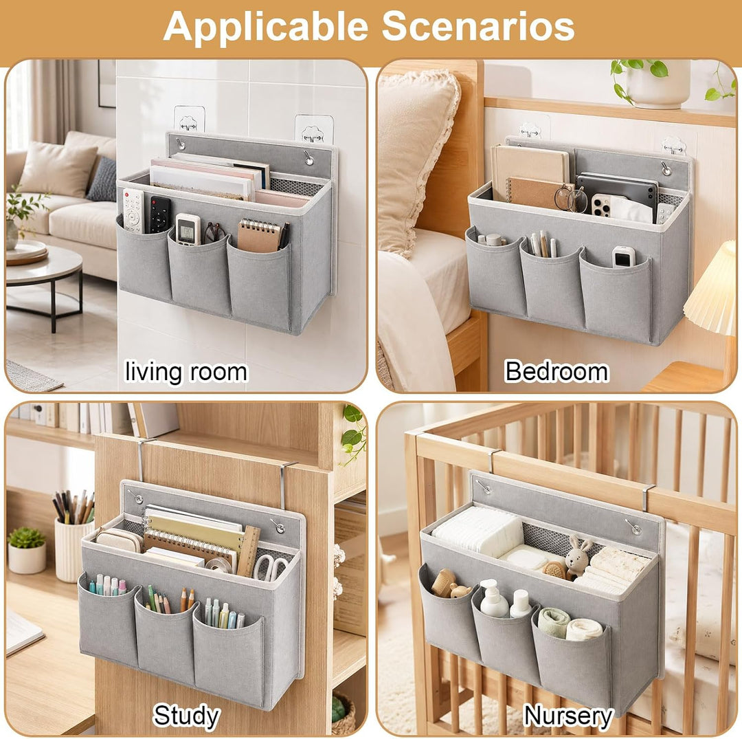 3 Stück Hängeorganizer Grau aus Baumwolle und Leinen mit 5 Fächer | Wand Organizer Tasche mit 12 Hak