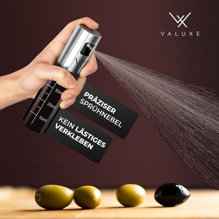 VALUXE® Ölsprüher für Speiseöl und Essig mit UV-Schutz Glas & Sprühfilter - 2er Set Edelstahl Öl-Spr