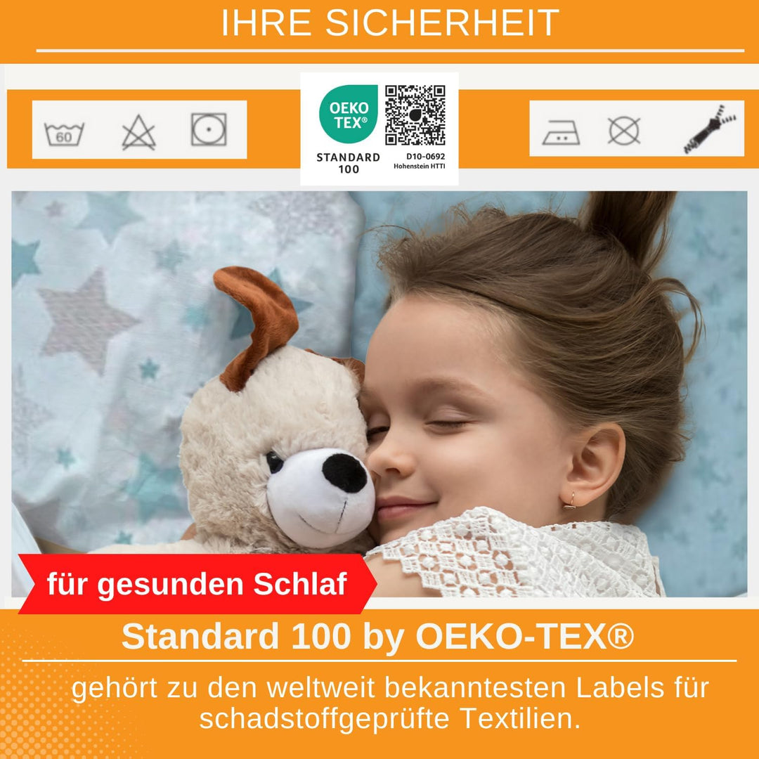 Aminata kids Bettwäsche 135x200 Sterne türkis Baumwolle Stern-Motiv, Reissverschluss weich &amp; atmungs