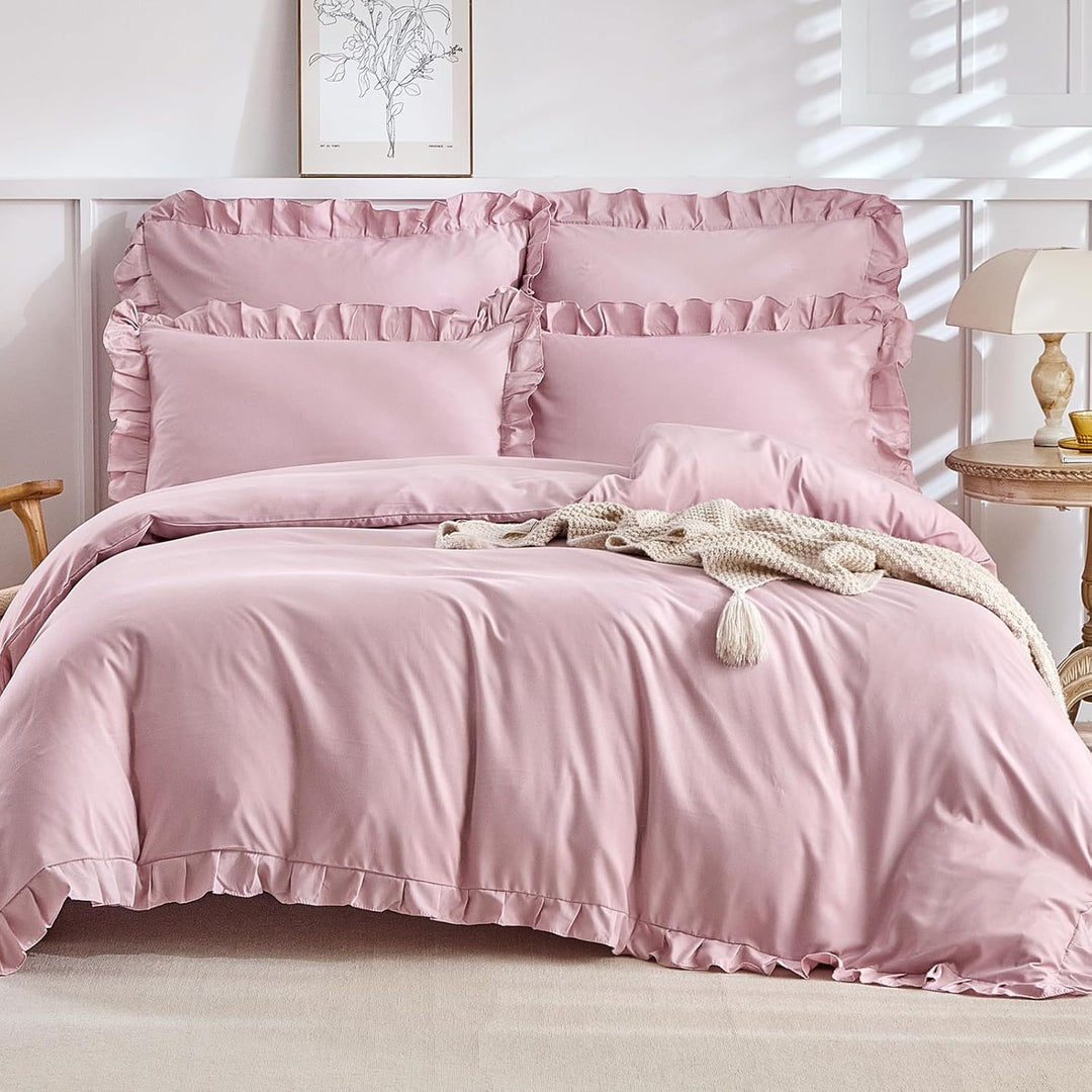 Lekesky Rüschen Rosa Bettwäsche 200x200 cm 3 Teilig Mädchen Mikrofaser Bettwäsche Blumen mit Reissve