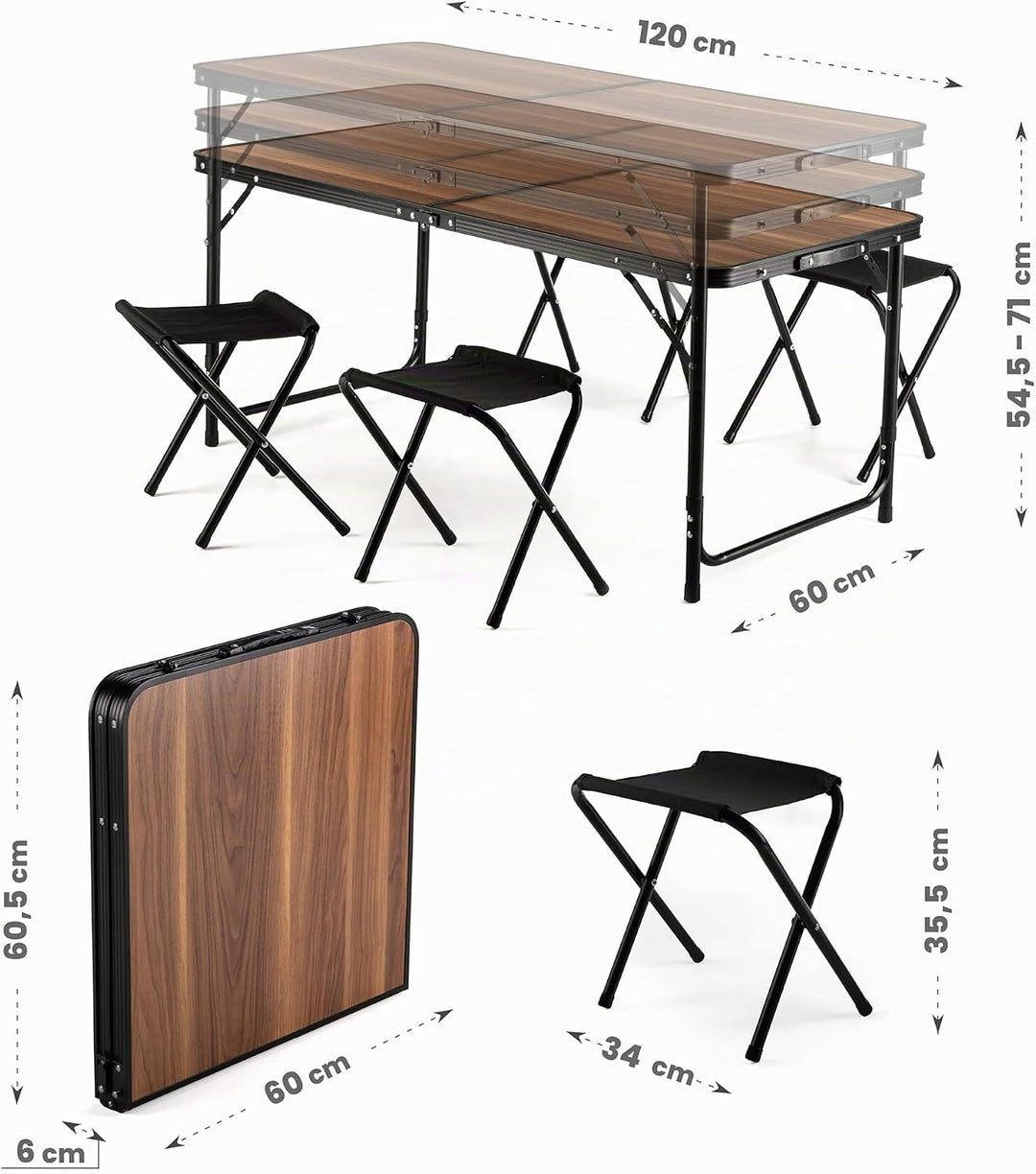 Outtec Campingtisch Faltbar mit 4 stühlen, Höhe Tragbarer Klapptisch Camping 120 x 60 cm Tragegriff,