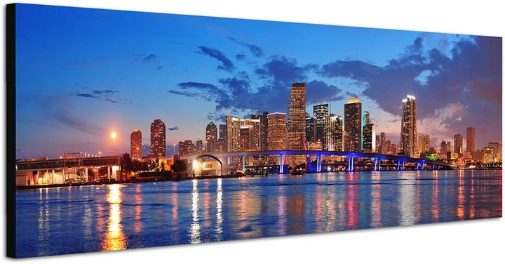 Paul Sinus Art Panoramabild auf Leinwand und Keilrahmen 150x50cm Miami Skyline Wasser Spiegelung Däm