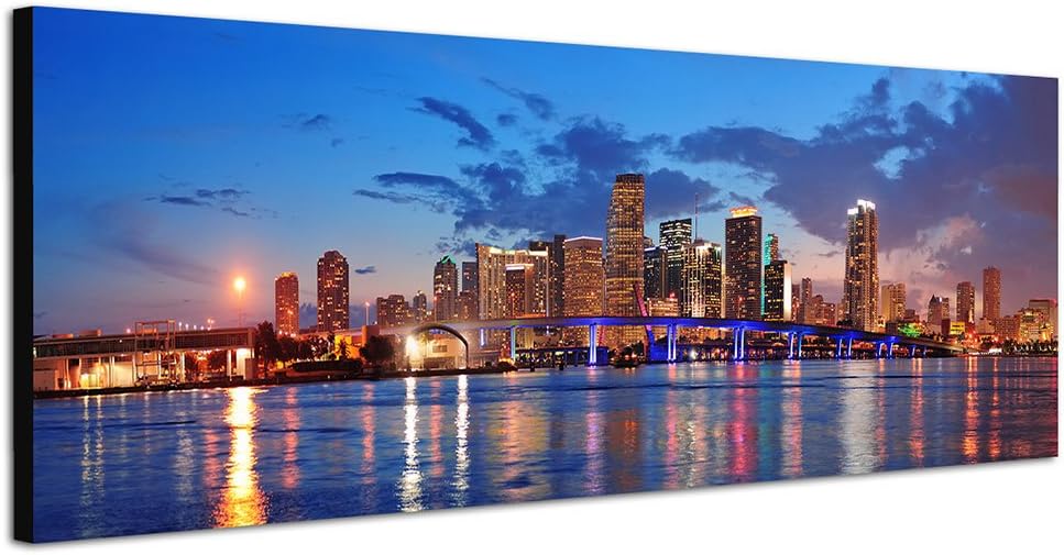 Paul Sinus Art Panoramabild auf Leinwand und Keilrahmen 120x40cm Miami Skyline Wasser Spiegelung Däm