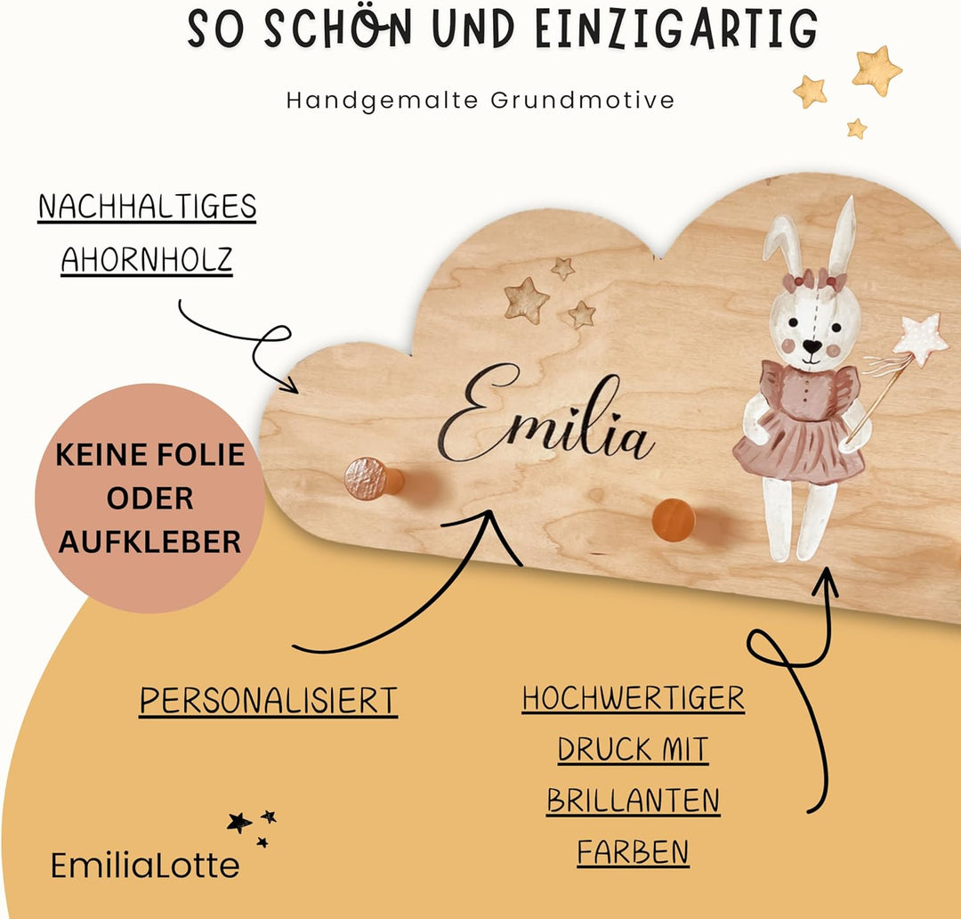EmiliaLotte Kindergarderobe Personalisiert mit Wunschname I Garderobe Kinder aus Holz - Verschiedene