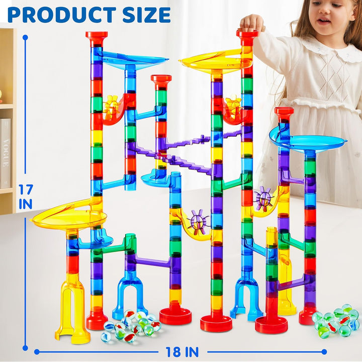 JOYIN 150 Stück Mehrfarbige Murmelbahn Marble Run Set mit 100 Bahnelementen und 50 Glasmurmeln, Kuge