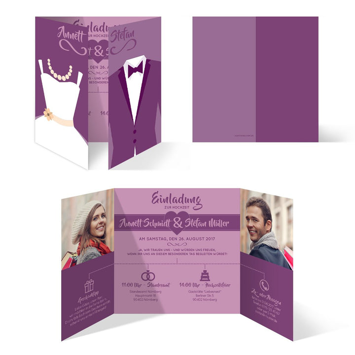Hochzeitseinladungen (30 Stück) - Braut und Bräutigam Altarfalz - Hochzeitskarten in Lila