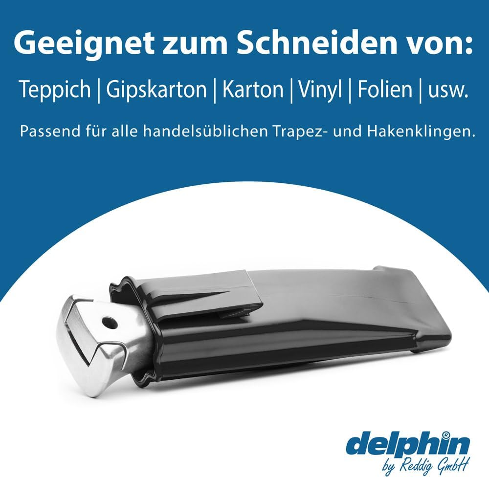 Delphin®-03-Messer 1 Delphin®-Hakenklingen, 1 Delphin®-Trapezklingen, Kunststoffköcher, Teppichmesse