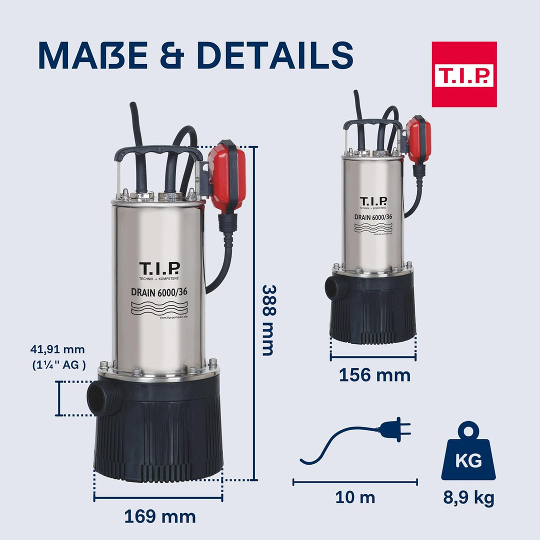 T.I.P. 30136 Tauchdruckpumpe Drain 6000/36 (950 W, max. 6.000 l/h, 34m Förderhöhe, Fremdkörper bis 2