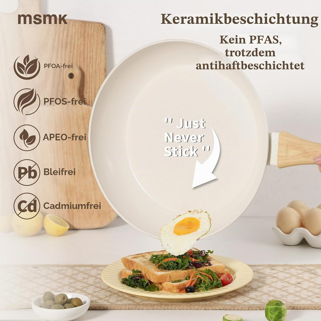 MSMK 28cm Keramik-Antihaft-Bratpfanne mit Deckel und weissem Schlitzwender, Holzmaserungsgriff, PFOA