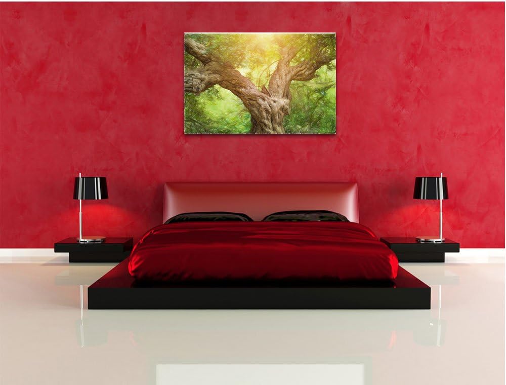 Pixxprint Mächtiger Baum im Wald Kunst Buntstift Effekt, Format: 100x70 auf Leinwand, XXL riesige Bi