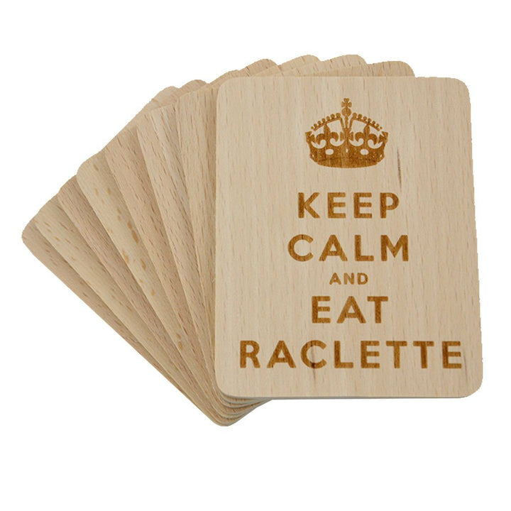8 Stück Raclette Untersetzer 'Keep Calm and Eat Raclette' aus Bucheholz, 100x80x7mm, Hellbraun Bis M