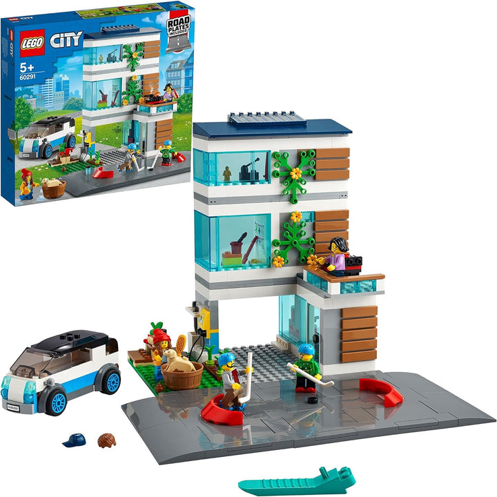 LEGO 60291 City Modernes Familienhaus, Puppenhaus mit Strassenplatten und 4 Minifiguren, kreatives K