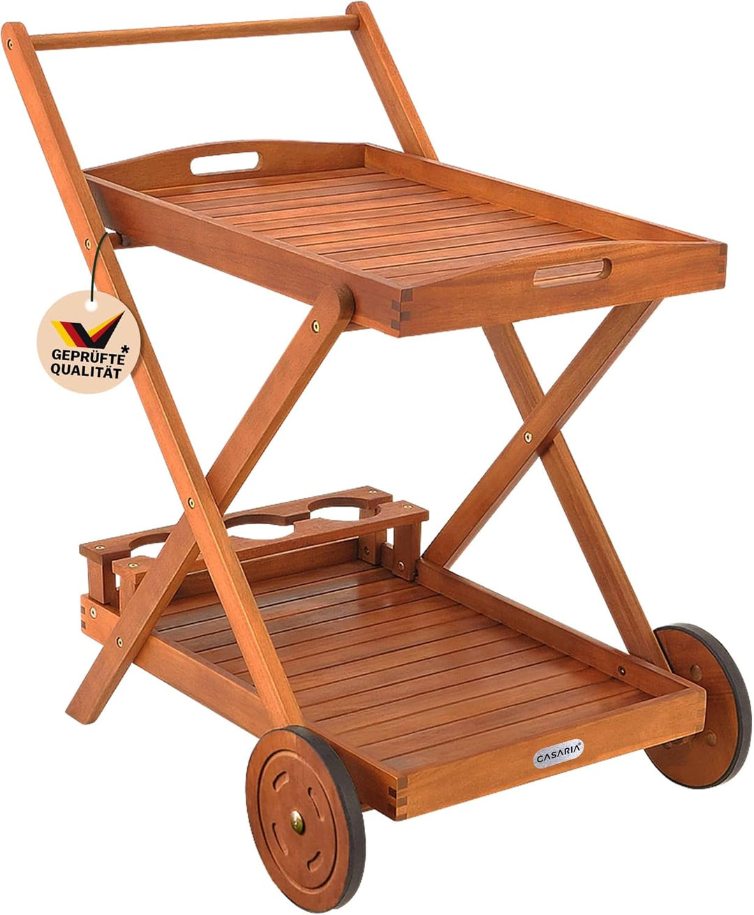 Casaria Servierwagen mit Rollen FSC®- zertifiziertes Akazien Holz 2 Ebenen Tablett Flaschenhalter Kü