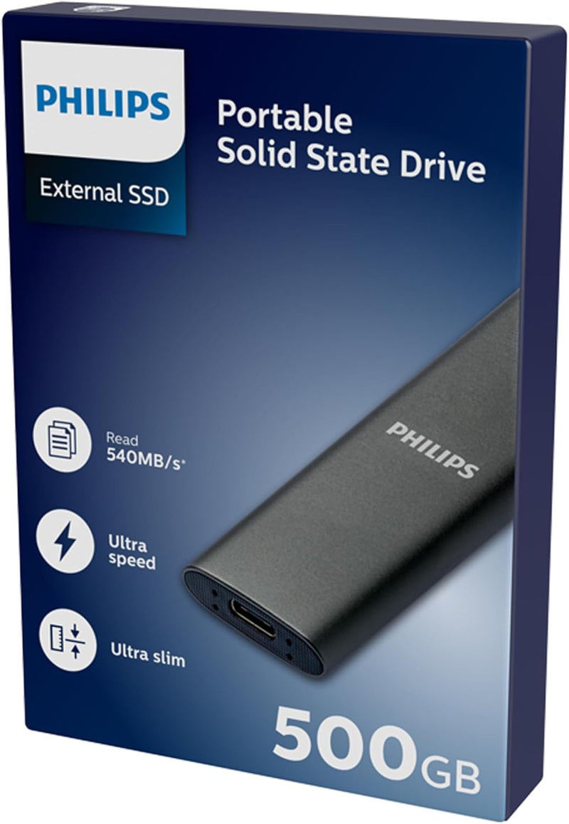 Philips Draagbaar Externe SSD 500 GB- Ultra Slanke SATA Ultra Speed USB- C - USB, snelheid tot 540 M