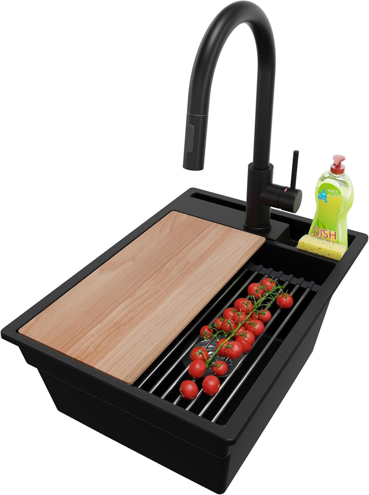 Spülbecken Schwarz 38x53 cm, Granitspüle 1 Becken + Ablauf-Set + Küchenarmatur, Küchenspüle ab 40er