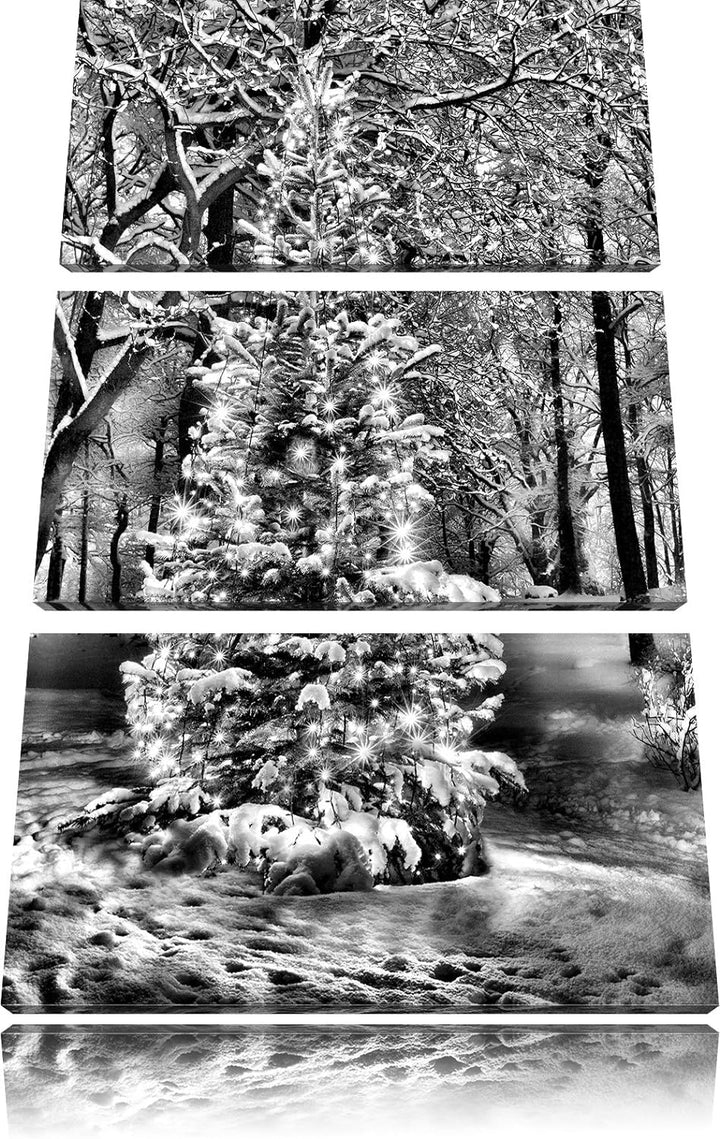 Pixxprint Monocrome, Leuchtender Weihnachtsbaum 3-Teiler Leinwandbild 120x80 Bild auf Leinwand