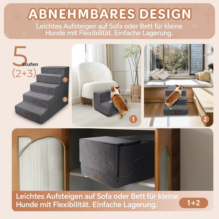 Sytopia Hundetreppe Grosse Hunde 5 Stufen Hoch, Hundetreppe für Bett 60cm, Haustiertreppe waschbar,