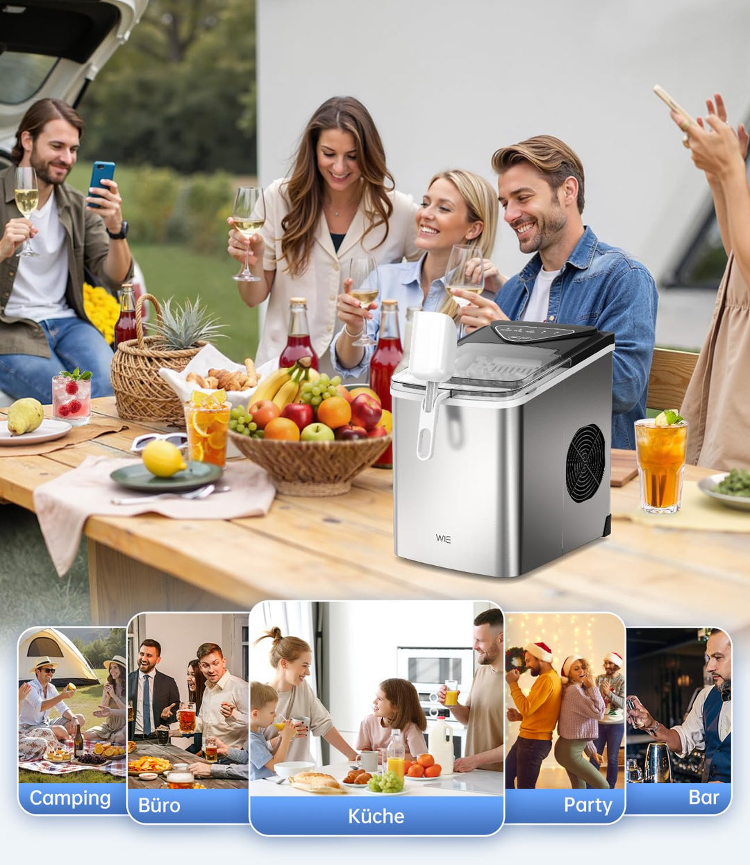 WIE Eiswürfelmaschine, 15KG Eiswürfelbereiter Ice Maker, 9 Würfel in 6 Min, Eiswürfelmaschinen mit T