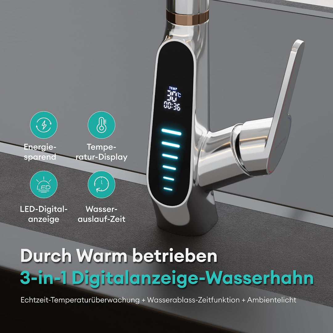 Mai &amp; Mai Wasserhahn Küche ausziehbar, Küchenarmatur mit LED-Digitalanzeig | 360° drehbar Einhebelmi