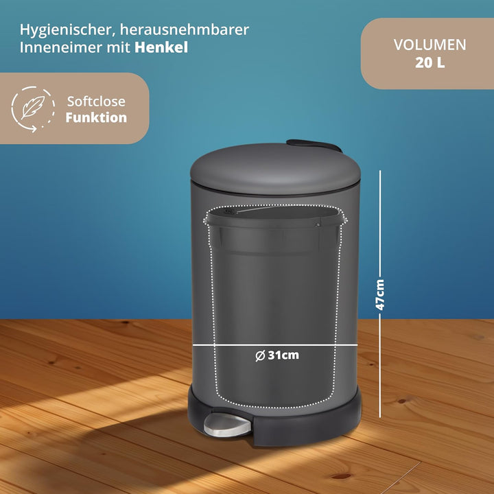 KHG Mülleimer 20 L Grau mit Softclose-Deckel & Tretfunktion - Pulverbeschichteter Metall-Abfalleimer