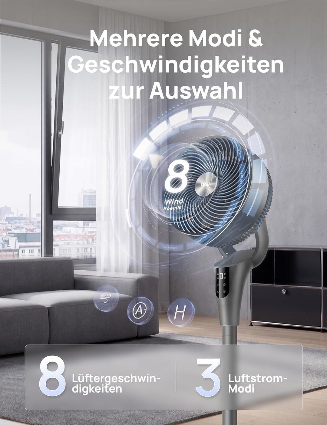 Dreo Leiser Standventilator, 1444m³/h Luftvolumen oszillierende Ventilator, 3 Stufen 6H Timer Turmve