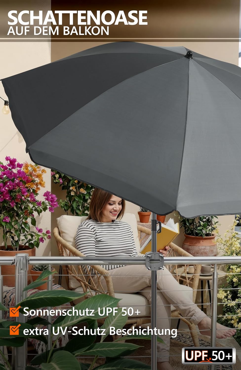 4smile Sonnenschirm Balkon SunnyJoy, 3-in-1 SET, Anthrazit - UPF 50+ Sonnenschirm Ø 200 cm + Sonnens
