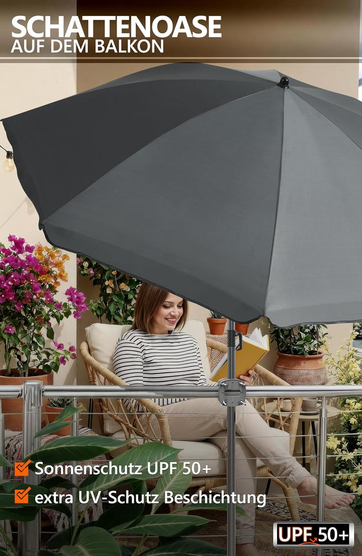 4smile Sonnenschirm Balkon SunnyJoy, 3-in-1 SET, Anthrazit - UPF 50+ Sonnenschirm Ø 200 cm + Sonnens