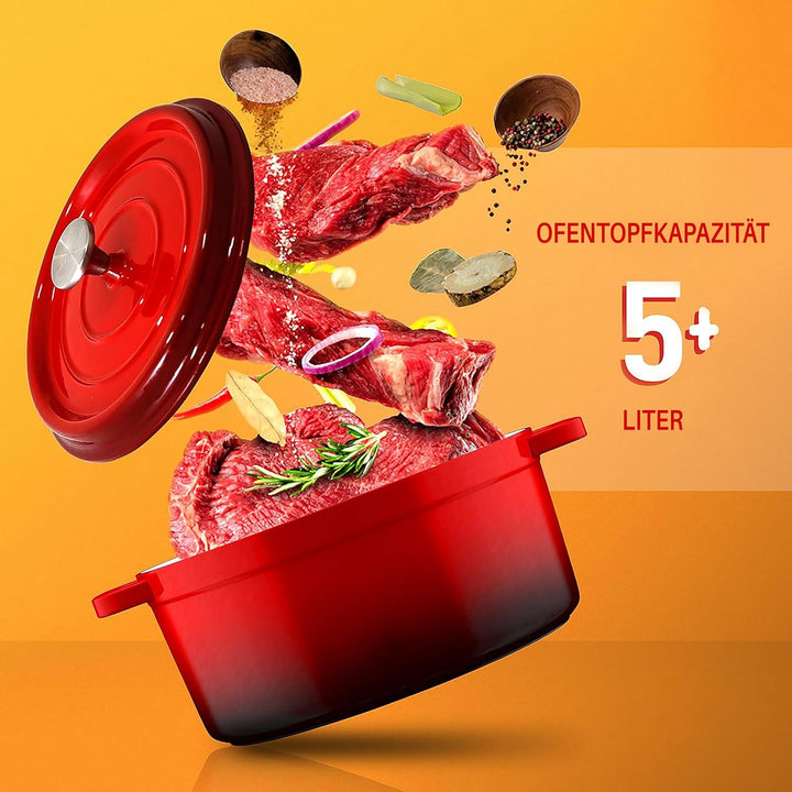 NutriChef Dutch Oven Gusseisen Topf – Brotbackform 5L mit Deckel, Emaille, Brotbacktopf, Gleichmässi