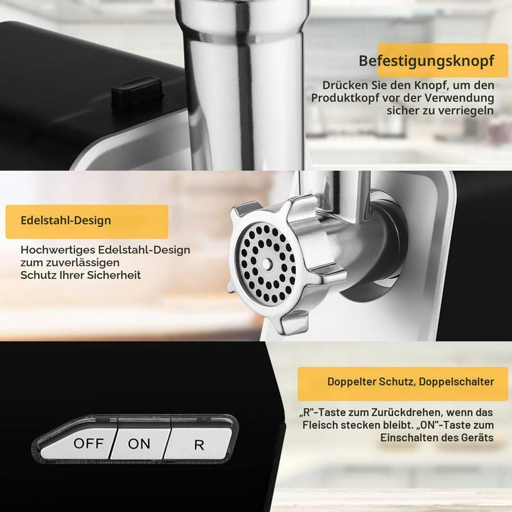 COOCHEER Elektrischer Fleischwolf 2000W Multifunktional mit 3 Mahlscheiben Wurstaufsatz Kebbe-Vorsat