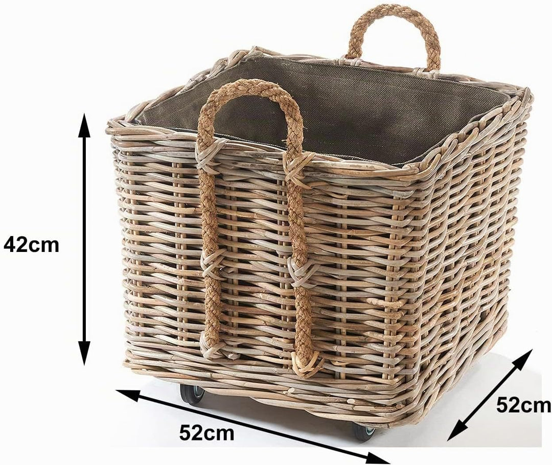 Kobolo Kaminholzwagen mit Rollen Holzkorb für Kaminholz -Rattan- mit Innenfutter aus Jute