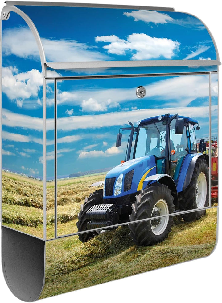 banjado® Design Briefkasten mit Motiv Traktor 39x47x14cm &amp; 2 Schlüssel - Briefkasten Stahl Silber mi